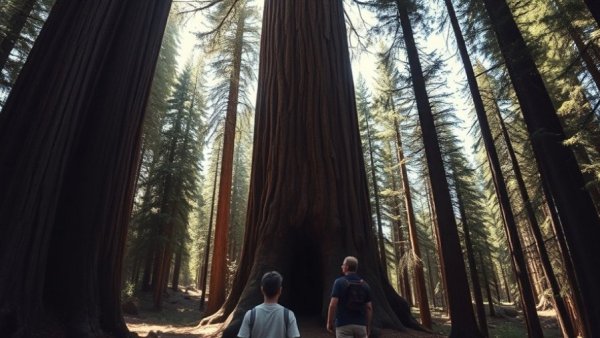 Visitors explore sequoia tree tunnel in U.S. National Park forest.
