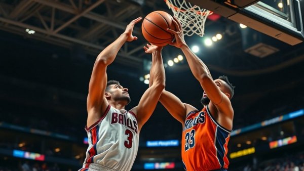 Basketball players in action during a game, competing for a rebound.