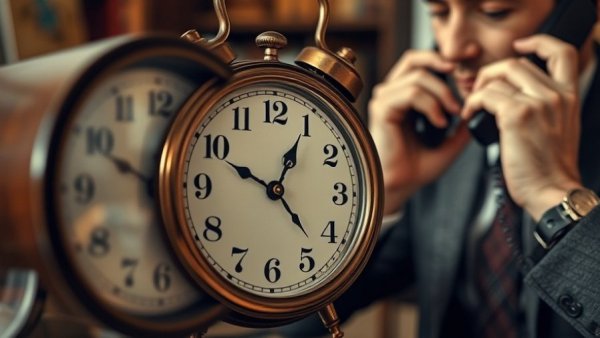 Close-up of clock adjustment and phone conversation about financial implications of daylight saving time.