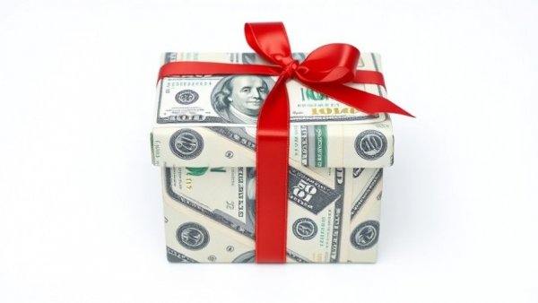 Gift box wrapped in money with a red ribbon symbolizing Houston economic development.