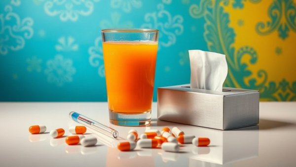 Cold and flu prevention mistakes visualized with tissues, pills, and thermometer.