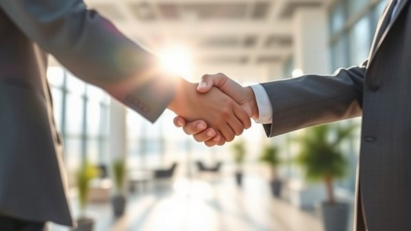 Professional handshake symbolizing growth, modern office backdrop, sunlight.