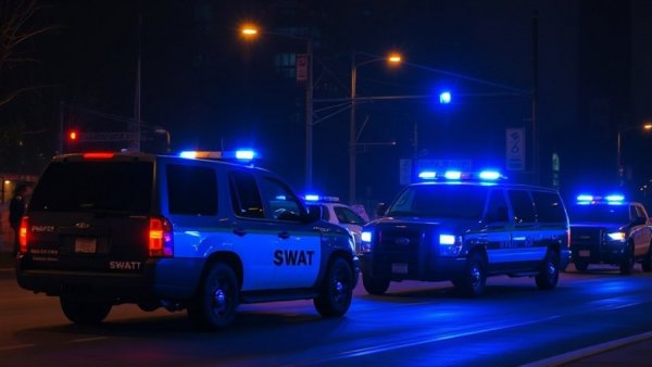 Austin local news: SWAT vehicles lit by blue lights at night.