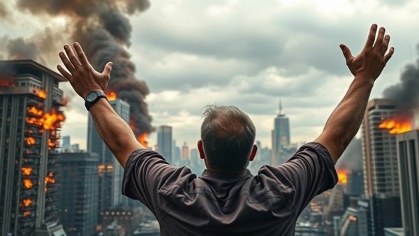 Hong Kong fire kills 13 as distraught man observes burning buildings.