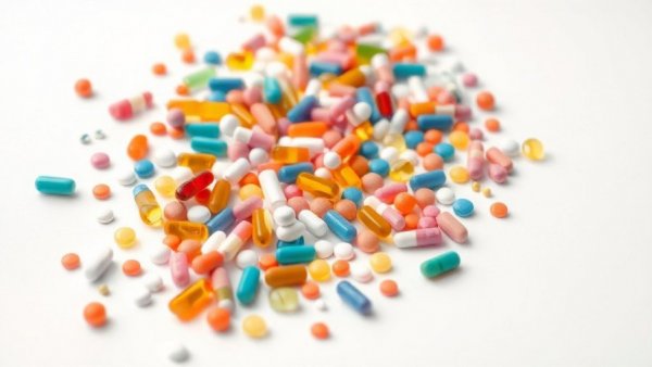 Assorted pills scattered on white surface highlighting vitamin B6 products restrictions.