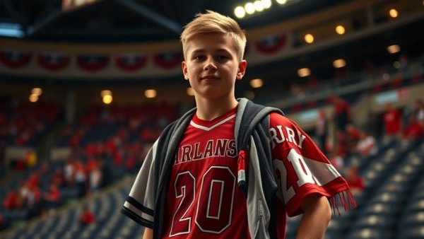 Young fan displaying an extensive Brandon Ingram jersey collection at a sports arena.