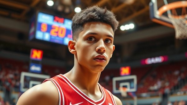 Bronny James NBA game moment, focused young player, arena scene.