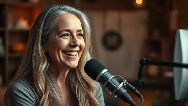 Middle-aged woman discussing thyroid health on microphone indoors.