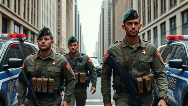 National Guardsmen walking near police vehicles in DC street.