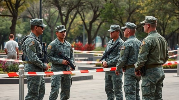 National Guard soldiers at crime scene in urban park area, discussing.