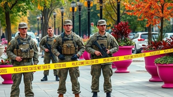 National Guard soldiers standing alert at crime scene, National Guard Shooting