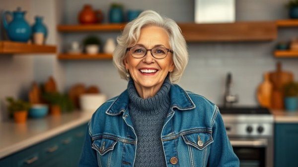 Martha Stewart in denim for American Eagle ad campaign, kitchen background.