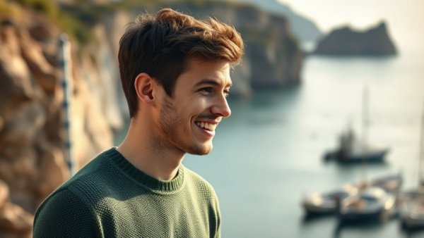 Smiling young man in green sweater, conversation setting, San Antonio entertainment.