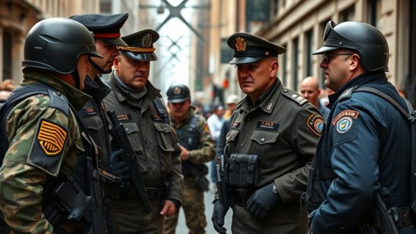 Officers and military discussing in urban scene, reactions visible.