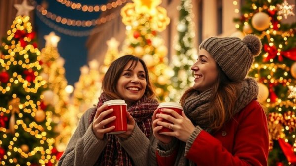 San Antonio Christmas lights with a joyful couple holding hot drinks.