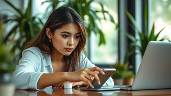 Young woman considers phone on desk, reflecting social media detox benefits.