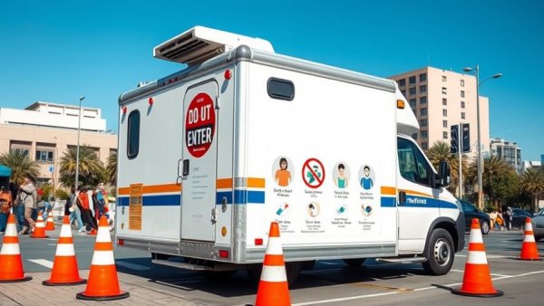 Mobile health unit with a warning sign about symptoms, addressing vaccine misinformation impact.
