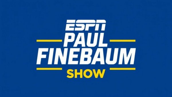 Bold logo for The Paul Finebaum Show, ESPN branding.