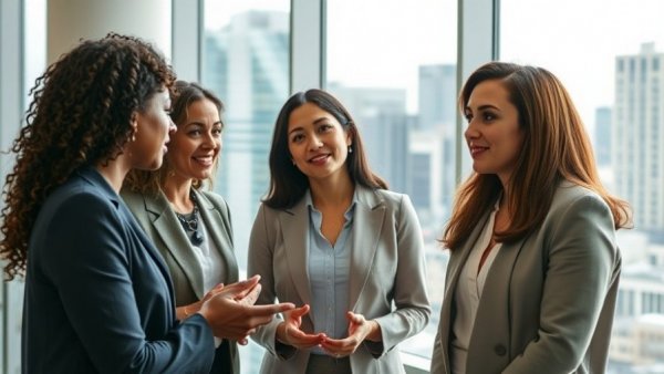 Diverse women in Texas office meeting, discussing job market.