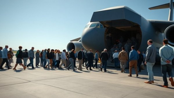 Military aircraft boarding scene at airfield illustrating immigration policies.