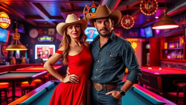 Dynamic couple embodying reinventing country music in a lively bar.