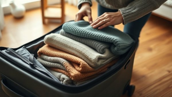 Packing for Gut Health While Traveling: cozy clothes in suitcase.