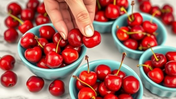 Fresh cherries in turquoise bowls, ideal for sleep enhancement.