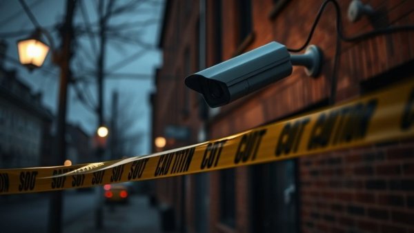 US news scene with caution tape and a dimly lit brick building.