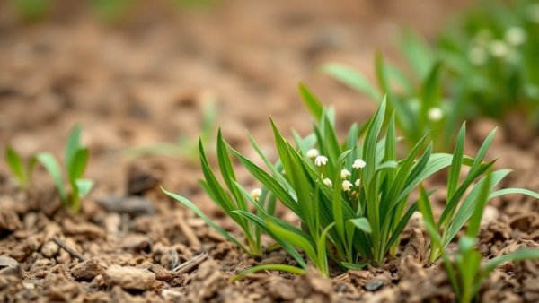 Close-up of lentil plant with small white flowers in a field.