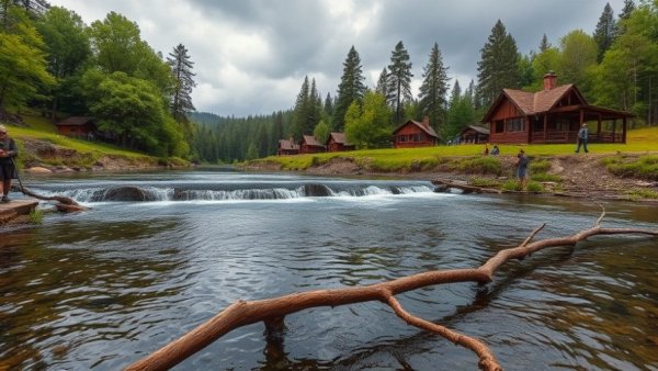 Natural Texas camp scene by a river, exploring licensing fees implications.