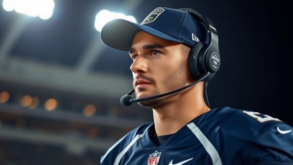 Photorealistic image of a focused male in sports attire on a football field.