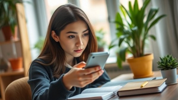 Young woman reaching for phone, contemplating social media detox in natural light.