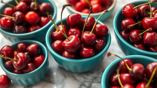 Ripe cherries in teal bowls, part of best foods for sleep.