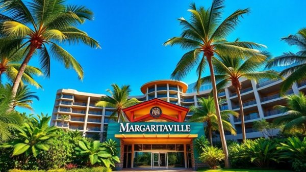 Tropical Margaritaville Resort Galveston entrance with palm trees.