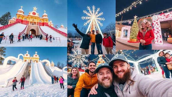 Families enjoying Snow Spectacular Event in Texas City with slides and holiday fun.