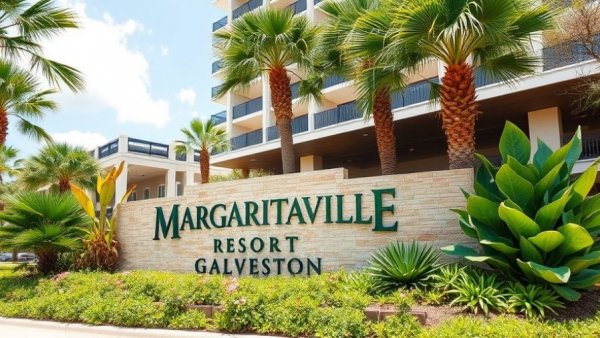 Margaritaville Resort Galveston entrance with tropical plants and sign.