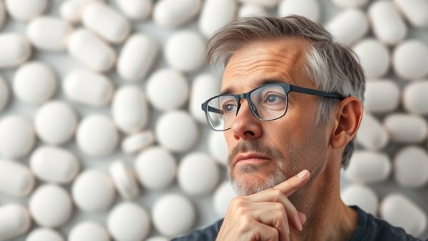 Middle-aged man and vitamin B12 tablets questioning safety, large weekly doses of vitamin B12.