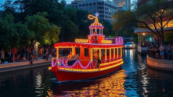 Festive H-E-B tree lighting San Antonio river parade.
