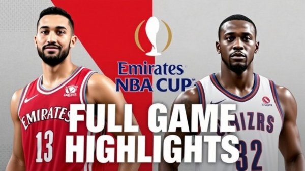Emirates NBA Cup highlights poster featuring two basketball players with full game highlights text.