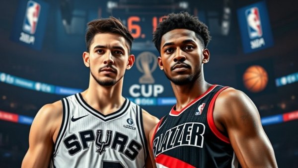 Spurs vs. Trail Blazers highlights featuring players' portraits.