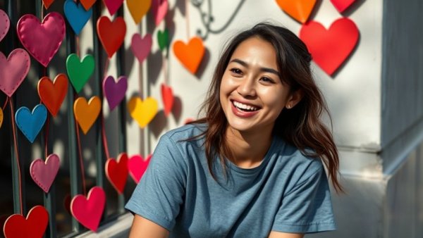 Young woman smiling near colorful heart decorations, Austin community news.