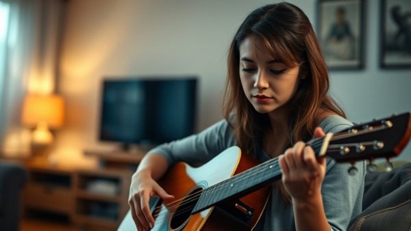 Woman strumming acoustic guitar, domestic violence awareness music focus, cozy room.