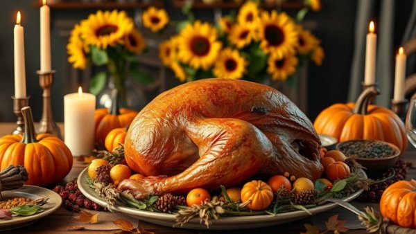 Thanksgiving feast with turkey and decor in Houston 2025.