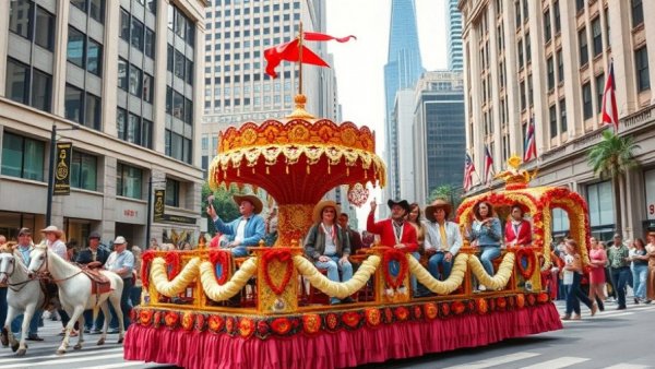Houston Thanksgiving Parade float with cowboy theme and street celebrations
