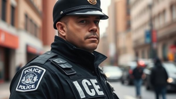 Pixelated ICE officer vest in Galveston County Immigration Enforcement context.