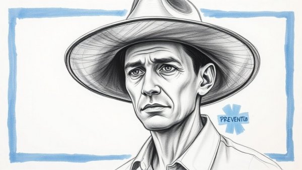 Charcoal sketch of a person with a hat for prevention awareness.