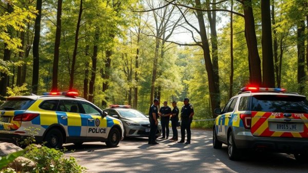 Police vehicles and officers at search scene in wooded area.