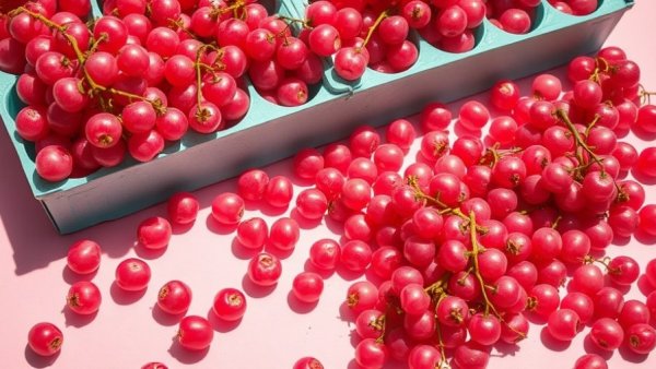 Vibrant pink currants in teal carton on pink surface.