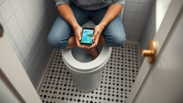 Person using phone in bathroom for 'how to donate your poo to science'.