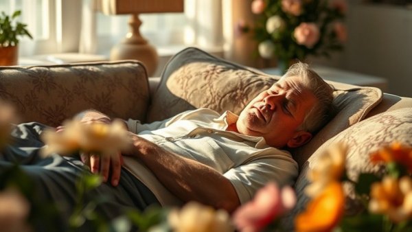 Middle-aged man resting on a couch, soft sunlight filtering through a cozy living room.